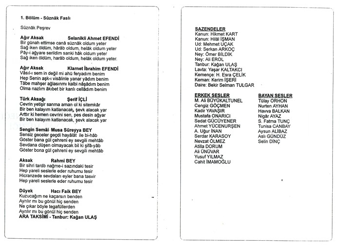 Sûznâk Fasıl Beraber ve Solo Şarkılar